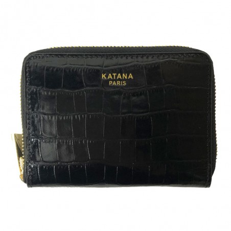 Portefeuille femme en cuir embossé croco KATANA - noir