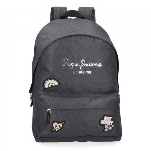 Sac à dos scolaire fille PEPE JEANS LONDON "Emi" jean gris écussons sequins