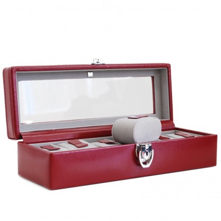 Coffret 6 montres vitré en cuir DAVIDTS "Chrome" rouge | Boite à montres pour collectionneur cuir qualité luxe pas cher