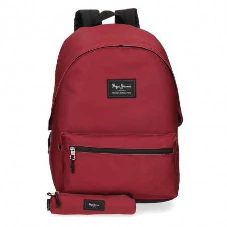 Sac à dos ado style eastpak + trousse offerte marque PEPE JEANS LONDON "Aris Evergreen" rouge bordeaux