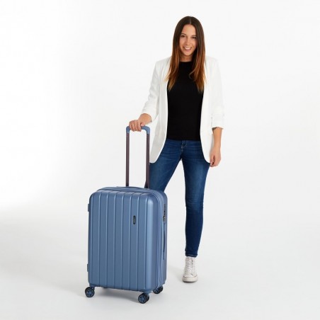 Valise extensible 65cm MOVOM "Wood" bleu | Bagage taille moyenne séjour 1 semaine pas cher