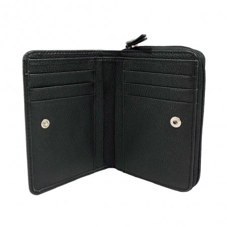 Portefeuille compact en cuir NAF NAF "Camélia" noir | Porte-monnaie tout-en-un femme qualité marque française