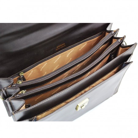 Cartable 3 soufflets en cuir de vachette - Marron foncé Cartable 3 soufflets en cuir de vachette - Marron foncé