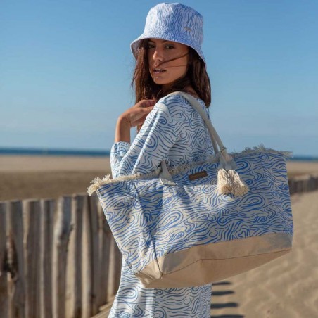 Sac de plage LES TROPÉZIENNES "Fidji" bleu | Cabas d'été femme imprimé grand format