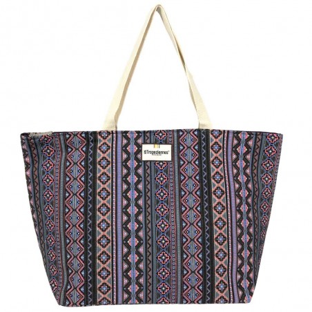 Sac de plage LES TROPEZIENNES "Aztèque" violet | Cabas été femme motif tendance ikat