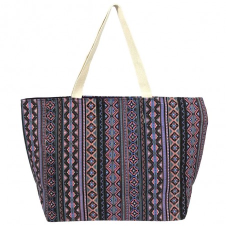 Sac de plage LES TROPEZIENNES "Aztèque" violet | Cabas été femme motif tendance ikat