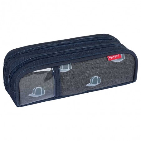 Trousse double KICKERS "Print Boy" | Fourreau garçon 2 compartiments imprimé tendance casquettes bleu marine gris