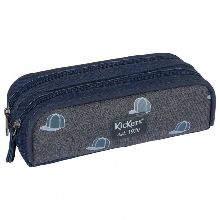 Trousse double KICKERS "Print Boy" | Fourreau garçon 2 compartiments imprimé tendance casquettes bleu marine gris