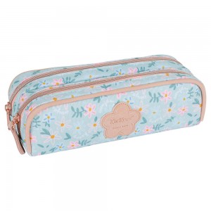 Trousse double KICKERS "Premium Girl" | Fourreau fille 2 compartiments imprimé fleuri bleu clair pas cher