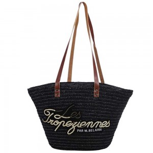 Panier LES TROPEZIENNES "Milos" noir | Sac de plage femme bohème chic brodé sequins doré