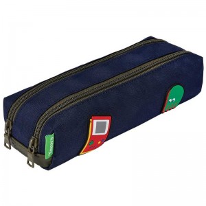 Trousse double TANN'S "Soan" marine/kaki | Fourreau 2 compartiments garçon scolaire broderies jeux vidéo