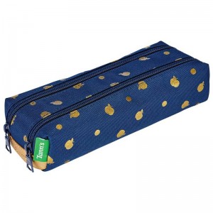 Trousse double TANN'S "Laura" marine | Fourreau 2 compartiments fille scolaire imprimé pommes doré