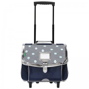 Cartable à roulettes TANN'S 38cm "Gaëlle" bleu | Sac trolley scolaire école primaire CE1 CE2 fille broderie marinière