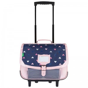 Cartable à roulettes TANN'S 38cm "Suzie" bleu rose | Sac trolley scolaire école primaire CE1 CE2 fille motif coeurs