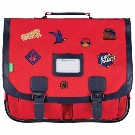 Cartable TANN'S 41cm "Maé" rouge | Sac scolaire 2 compartiments CE2 CM1 CM2 garçon dinosaures