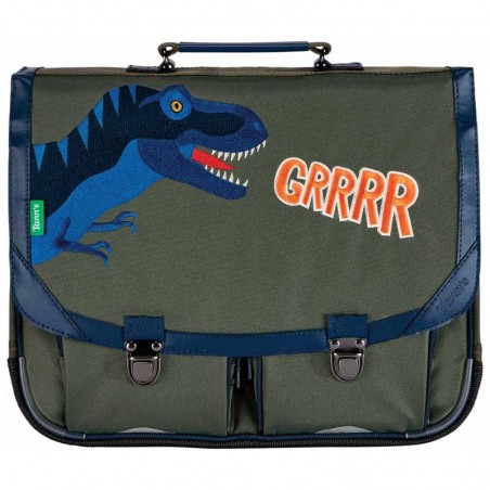 Cartable TANN'S 38cm "Oscar" kaki bleu marine | Sac scolaire garçon école CE1 CE2 broderie dinosaure