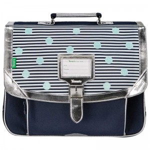 Cartable TANN'S 38cm "Gaëlle" bleu | Sac scolaire fille école CE1 CE2 motif marinière pois brodés vert d'eau argent