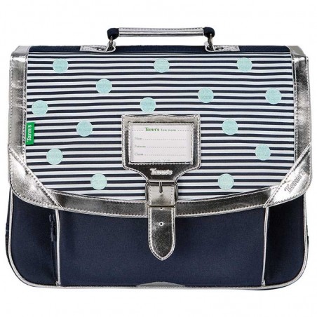 Cartable TANN'S 38cm "Gaëlle" bleu | Sac scolaire fille école CE1 CE2 motif marinière pois brodés vert d'eau argent Cartable TANN'S 38cm "Gaëlle" bleu | Sac scolaire fille école CE1 CE2 motif marinière pois brodés vert d'eau argent