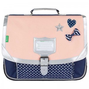 Cartable TANN'S 38cm "Léonie" rose bleu | Sac scolaire fille école CE1 CE2 broderie noeud étoile coeur