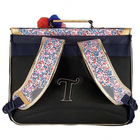 Cartable TANN'S 38cm "Antonia" bleu marine | Sac scolaire fille école CE1 CE2 motif fleuri liberty pompons ganse dorée