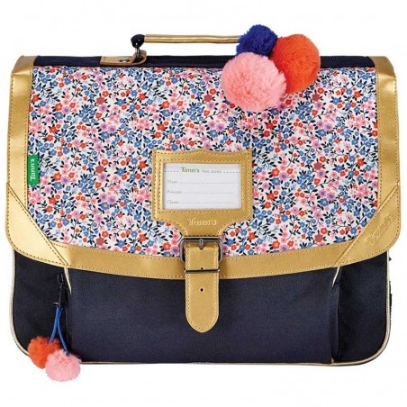 Cartable TANN'S 38cm "Antonia" bleu marine | Sac scolaire fille école CE1 CE2 motif fleuri liberty pompons ganse dorée