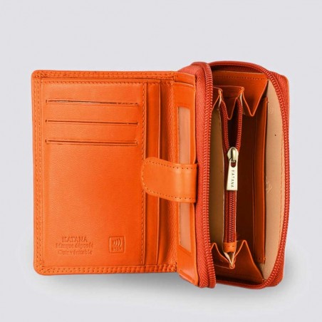 Portefeuille femme compact en cuir KATANA orange