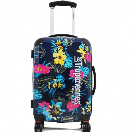 Valise cabine 50cm LES TROPEZIENNES "Tara" bleu | Bagage rigide petite taille avion original décor fleuri tropical femme