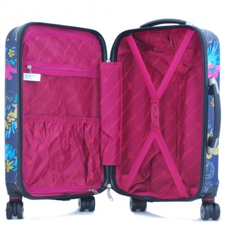 Valise cabine 50cm LES TROPEZIENNES "Tara" bleu | Bagage rigide petite taille avion original décor fleuri tropical femme