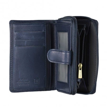 Portefeuille compact en cuir KATANA bleu marine | Porte-monnaie cartes femme pas cher