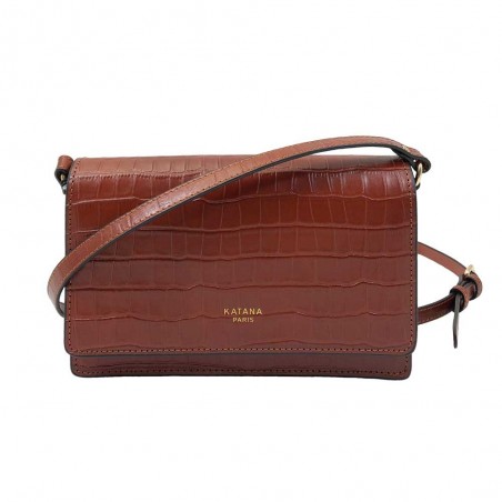 Sac baguette en cuir croco KATANA marron | Sac à main porté travers tendance femme style Balzac Paris pas cher