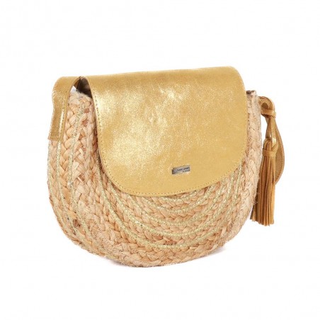 Sac bandoulière à rabat LES TROPEZIENNES "Gobi" | Sac femme été original style bohème chic doré cuir