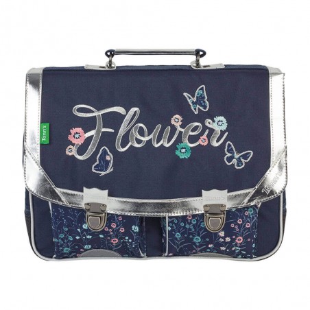 Cartable Tann's 35 cm "Carla" marine broderie papillons fleurs | Sac scolaire fille classe CP pas cher