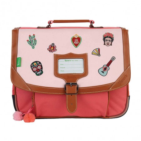 Cartable Tann's 35 cm "Adriana" rose patchs brodés Frida Kahlo | Sac scolaire fille classe CP pas cher