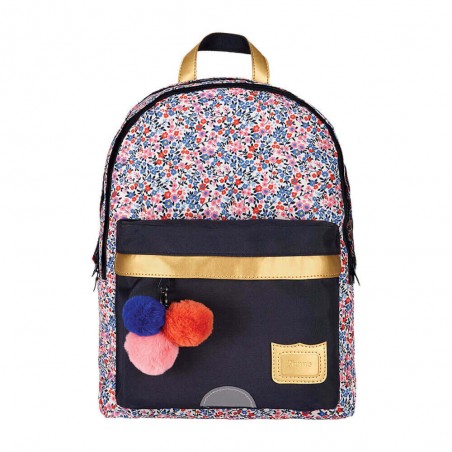 Sac à dos TANN'S L "Antonia" imprimé fleuri marine | Grand sac scolaire 2 compartiments école primaire collège fille liberty