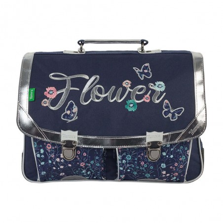 Cartable Tann's 38cm "Carla" marine | Sac scolaire fille CP CE1 CE2 broderie fleurs papillons ganse argentée