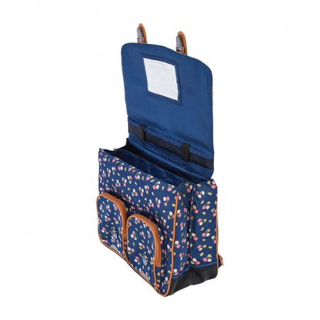Cartable TANN'S 41cm "Alexa" bleu marine | Grand sac scolaire école primaire fille CE2 CM1 CM2 imprimé cerises doré