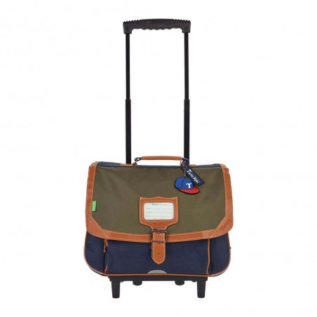 Cartable à roulettes 38cm "Axel" kaki/bleu | Sac scolaire trolley garçon CP CE1 CE2