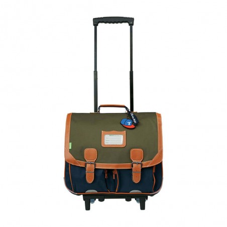 Cartable à roulettes 41cm "Axel" kaki/bleu | Sac scolaire trolley garçon CE2 CM1 CM2