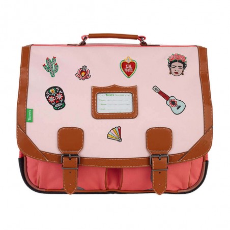 Cartable Tann's 41cm "Adriana" rose | Sac scolaire fille CE2 CM1 CM2 patchs brodés Frida Kahlo