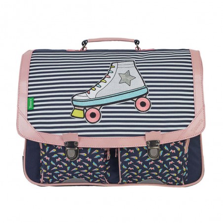 Cartable Tann's 41cm "Léa" marine | Grand sac scolaire fille style moderne broderie patin à roulettes CE2 CM1 CM2