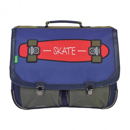 Cartable Tann's 41cm "Oscar" kaki | Sac scolaire garçon broderie skateboard CE2 CM1 CM2