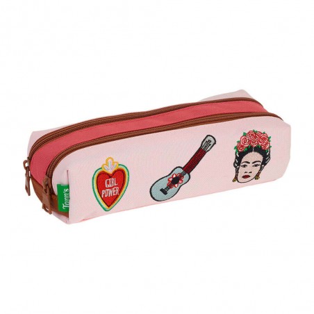 Trousse double TANN'S "Adriana" rose | Fourreau 2 compartiments fille broderie Frida Kahlo dès le CP