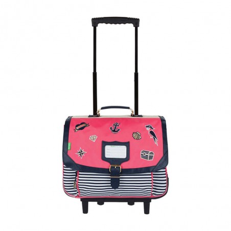 Cartable Tann's trolley 38 cm "Enora" rose patchs brodés pirate | Sac scolaire à roulettes fille classe CP CE1 CE2 pas cher