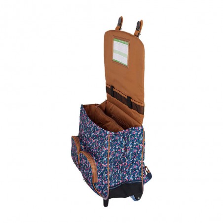 Tann's cartable à roulettes 41cm "Lou Ann" bleu | Sac scolaire trolley fille CE2 CM1 CM2 imprimé fleuri style Liberty