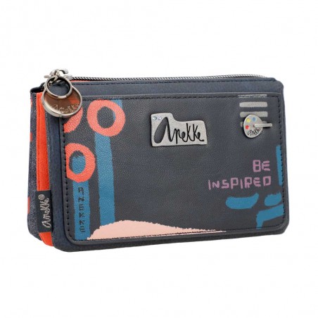 Trousse triple multifonctions Anekke "Nagare" | Porte-monnaie femme original inspiration japon bleu pas cher