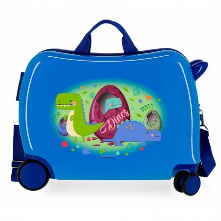 Valise trotteur Movom "Dinos" bleu | Bagage enfant garçon ludique à chevaucher dinosaure