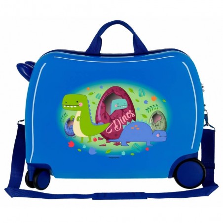 Valise trotteur Movom "Dinos" bleu | Bagage enfant garçon ludique à chevaucher dinosaure