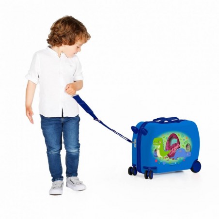 Valise trotteur Movom "Dinos" bleu | Bagage enfant garçon ludique à chevaucher dinosaure