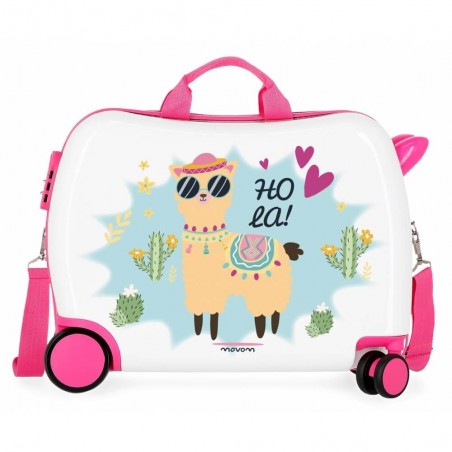 Valise trotteur Movom "Holà" blanc/rose | Bagage enfant fille ludique à chevaucher lama rigolo