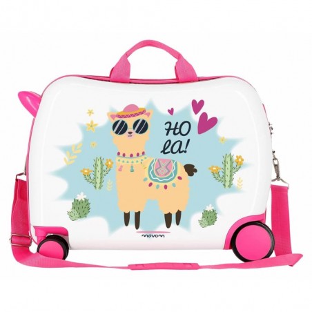 Valise trotteur Movom "Holà" blanc/rose | Bagage enfant fille ludique à chevaucher lama rigolo